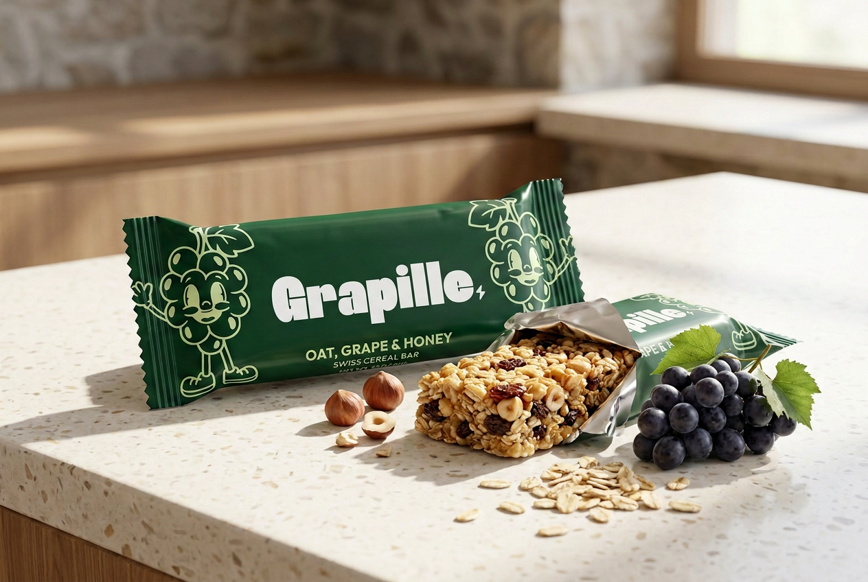 Avoine, raisins secs de Lavaux, poires séchées, miel et noisettes torréfiées disposés sur une pierre claire