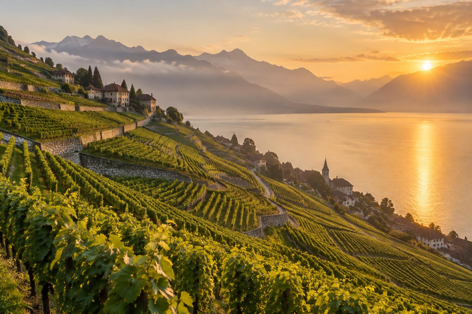 Les vignobles en terrasses de Lavaux au-dessus du lac Léman au coucher du soleil